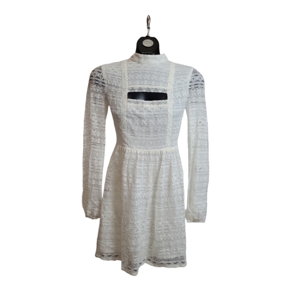 BCBGeneration sheer Lace Long Sleeve cutouts cream mini dress lined flare 0 - Picture 2 of 16